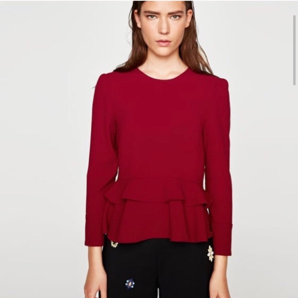 Zara ruffle peplum red top